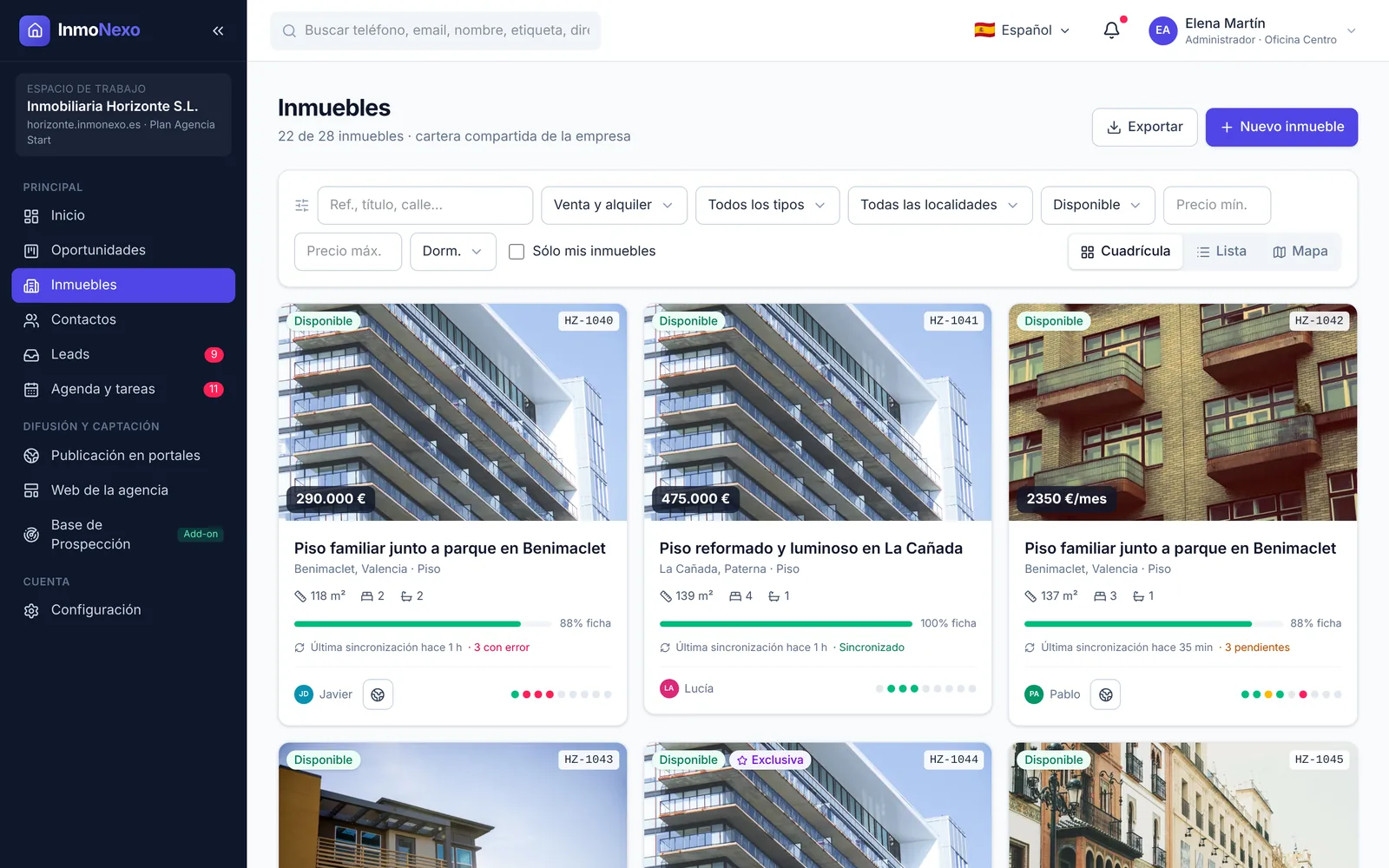 Listado de inmuebles de InmoNexo con fotos, precios y estado de sincronización